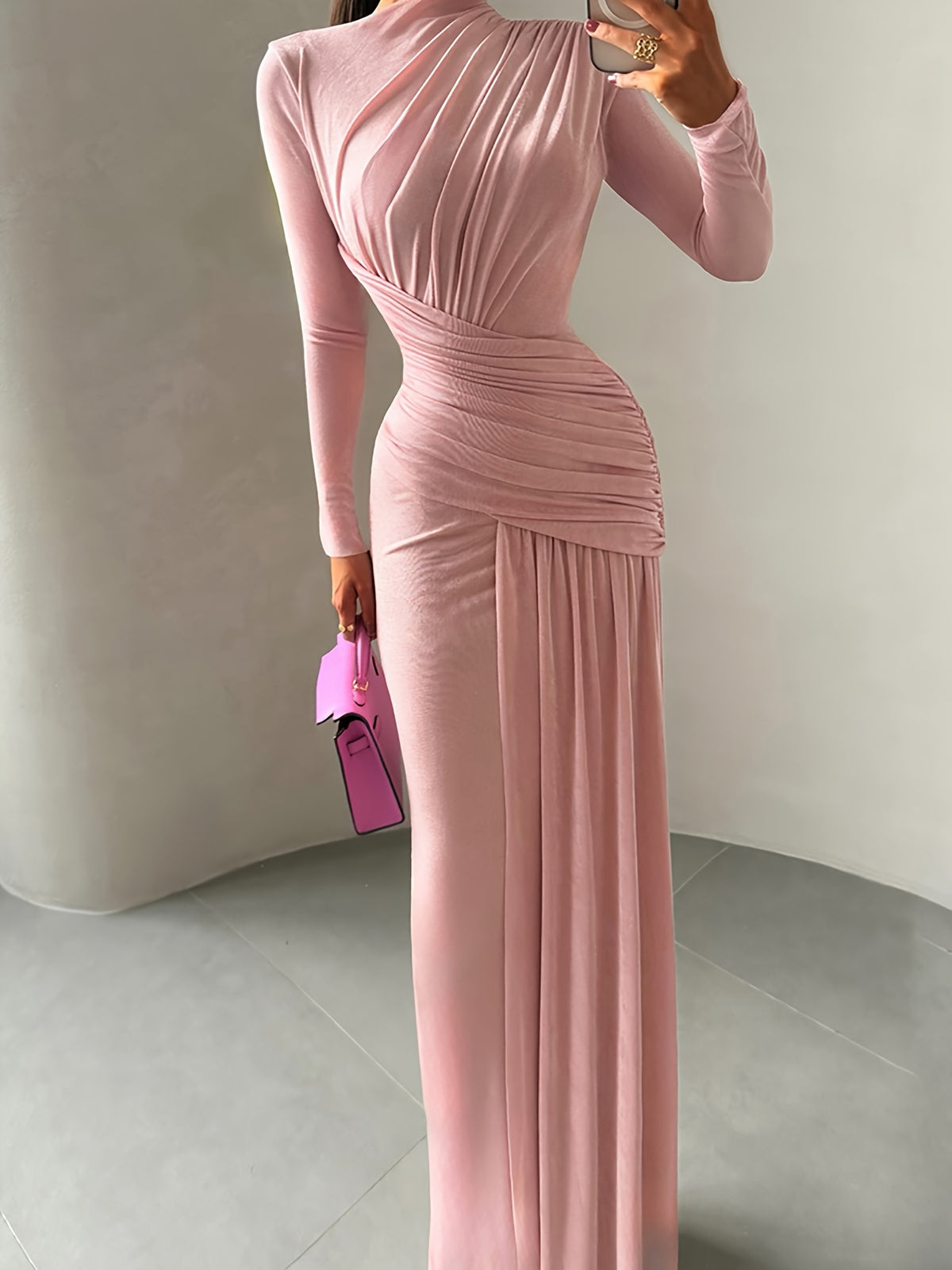 New Autumn/Winter Women's Fashion Elegant Solid Color Pleated Round Neck Slim-Fit Long Sleeve Dress