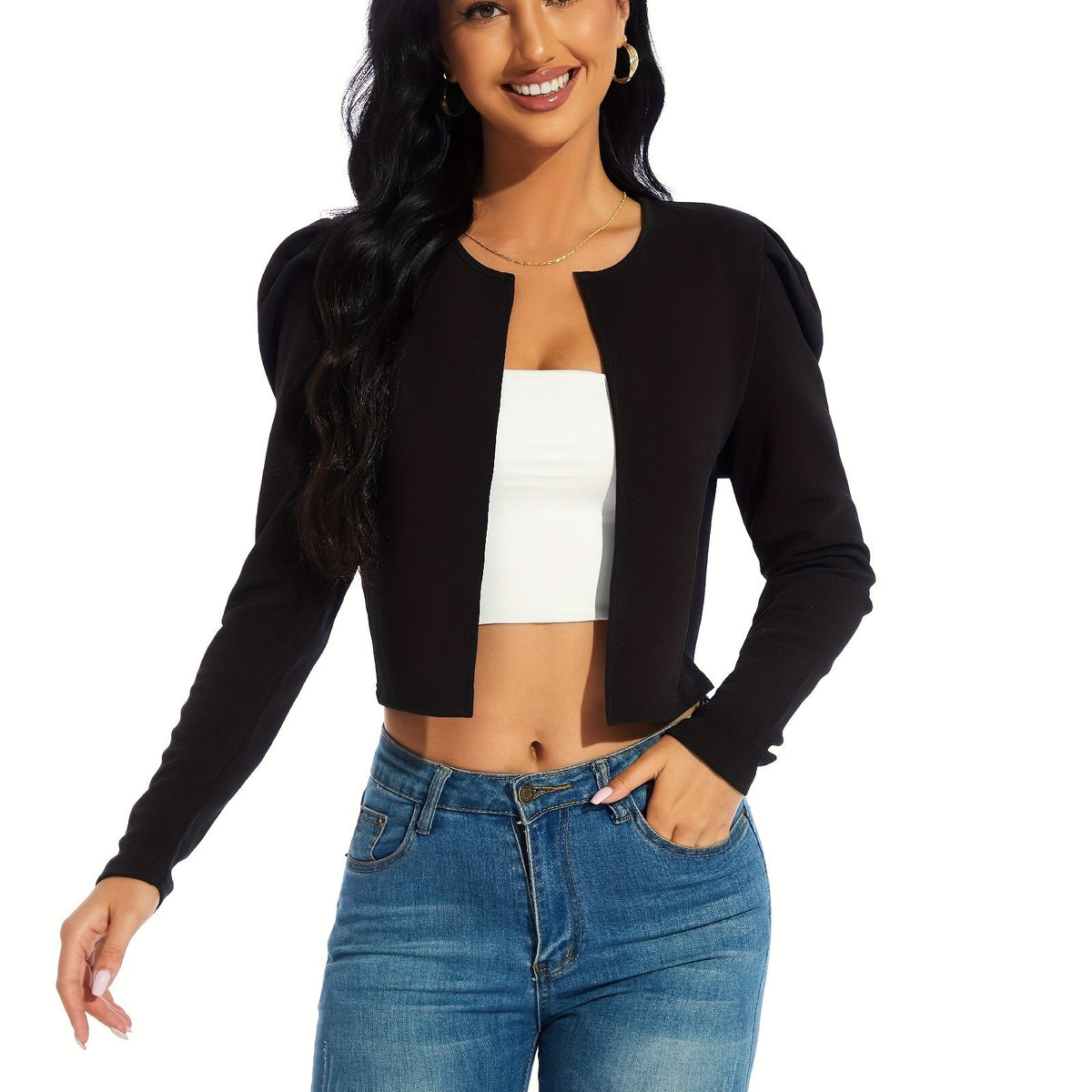 Long Sleeve Leg of Mutton Crop Jacket - Soft Medium Stretch Polyester Fabric, Crew Neck, Placket Front, Machine Washable, All-Season Casual Wear - Solid Color, Short Length, Easy Care