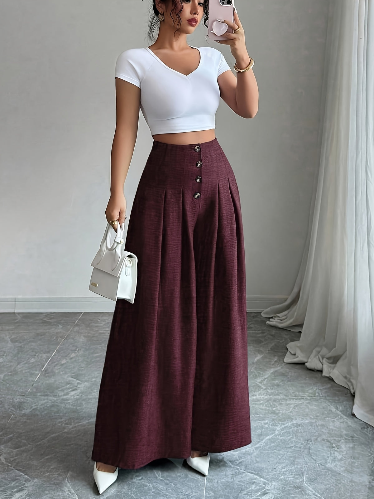 Women'S Fashion Loose Solid Color Button-Front Pleated Back Invisible Zipper Wide-Leg Pants (No Pockets)