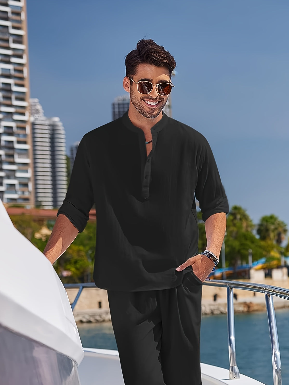Men's Linen Blend Retro Henley Shirt Long Sleeve T-shirt Tee, Casual Comfy Shirts For Men Spring Summer Autumn, Men's Clothing Tops For Beach Yoga