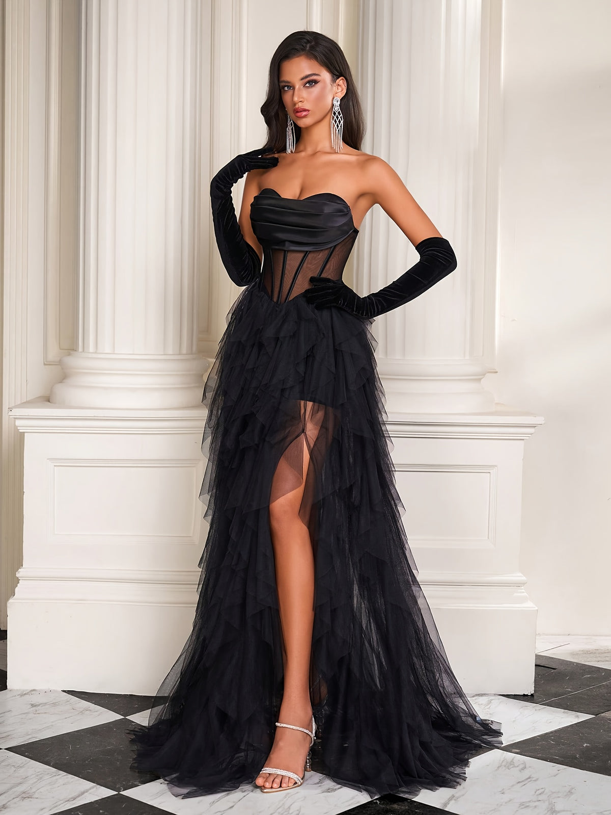 French-Style Fishbone Mesh Light Gown for Birthday Party Cake Princess Dress, Sexy Charming Strapless Evening Gown, No Gloves