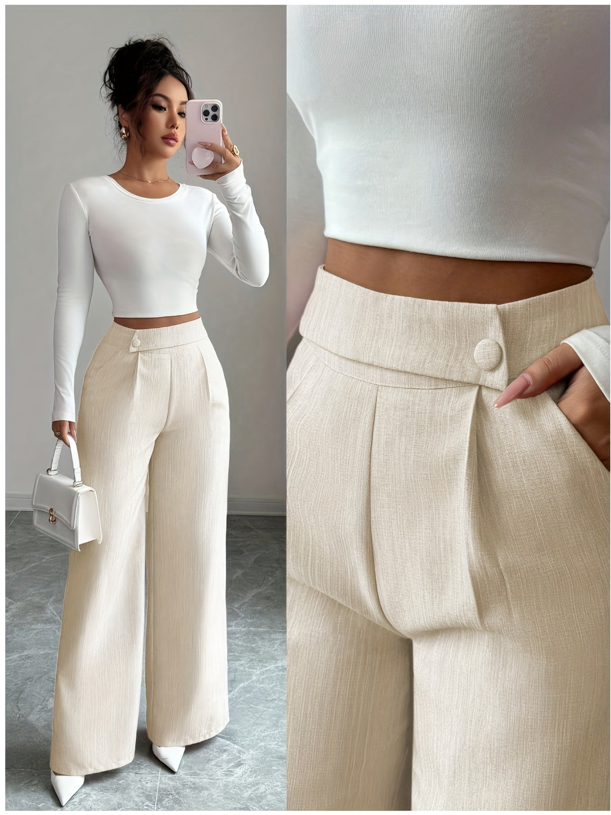 Pocket Zipper Button Wide-leg Pants, Elegant Solid-color Straight-leg Suit Pants for Spring and Autumn, Women's Clothing