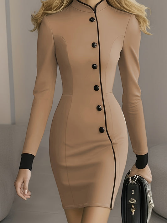 Women'S Mid-Length Dress, Faux Two-Piece with Contrast Stitching, Small Stand Collar, Slim Fit, Premium Elegance, Comfortable for Outdoors, Stylish and Versatile, Solid Color Dress, Long Sleeve Dress, New Style for Early Fall, Dress with Zipper