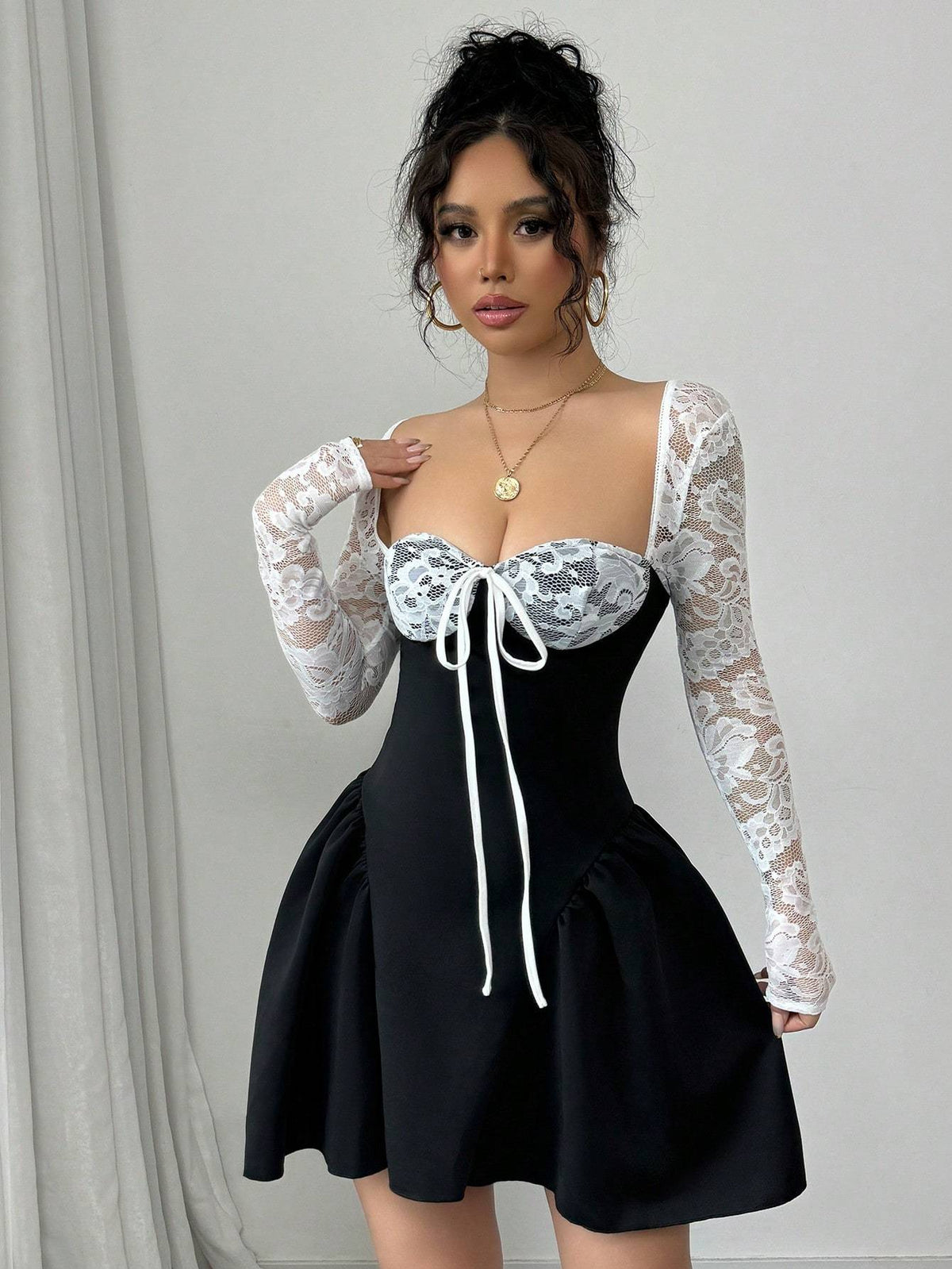 Lace Contrast Panel Dress with Black Airy Fabric, Front Tie Design, A-Line Shape for a Fit, Waist-Cinching and Figure-Flattering, Elegant and Fashionable, Perfect for Casual Attire, Instagram Influencer Style