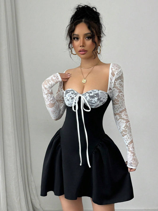 Lace Contrast Panel Dress with Black Airy Fabric, Front Tie Design, A-Line Shape for a Fit, Waist-Cinching and Figure-Flattering, Elegant and Fashionable, Perfect for Casual Attire, Instagram Influencer Style