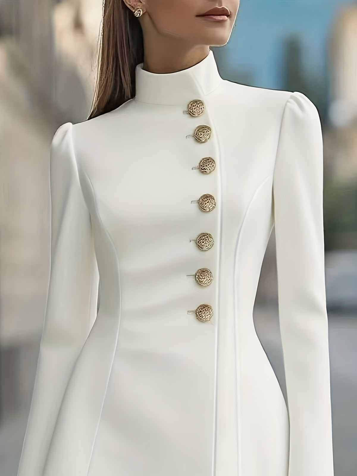 Women's Elegant White A-Line Dress with Short & Stand Collar - Fitted Long Sleeve Office to Party Dress, Machine Washable Tailored Suit for, Weddings, Formal Events - Spring/Autumn Professional Attire