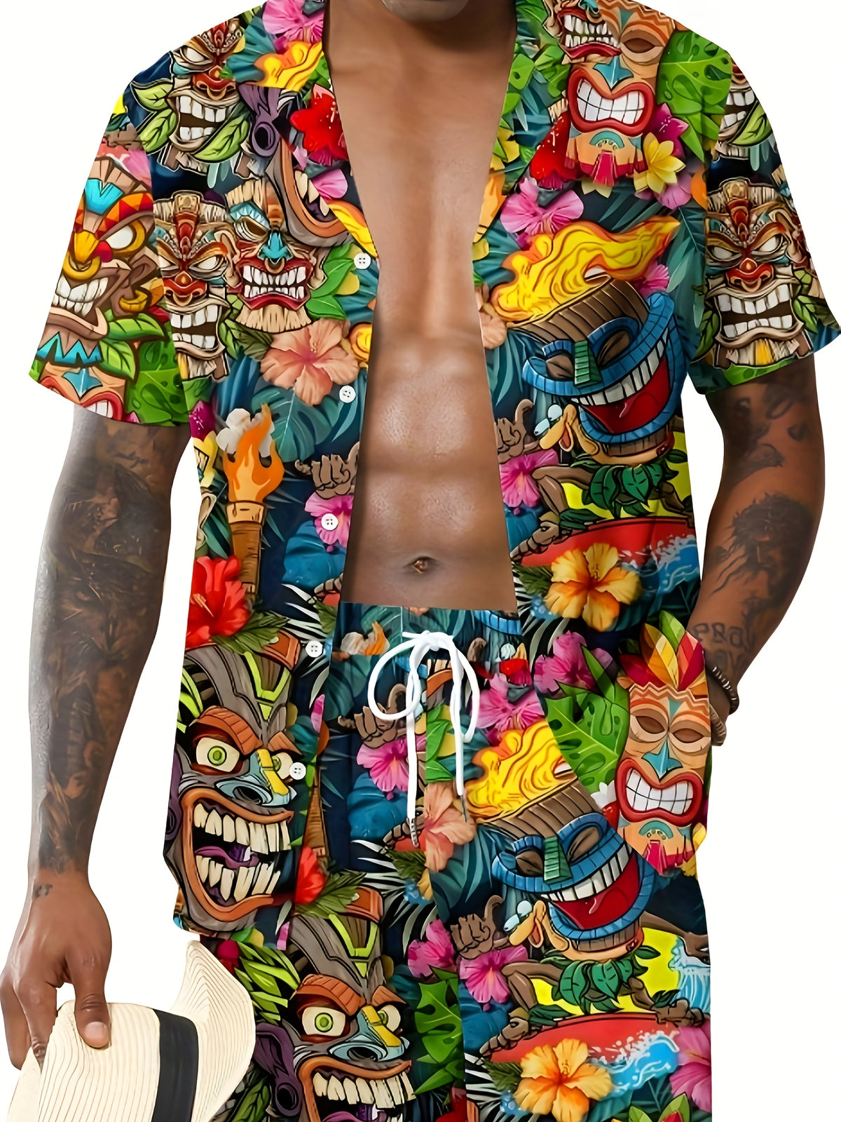 Men's Hawaiian Style Print Loose Cuban Collar Shirt Shorts Casual Suit Men's Short Sleeve Shorts Gourda Set