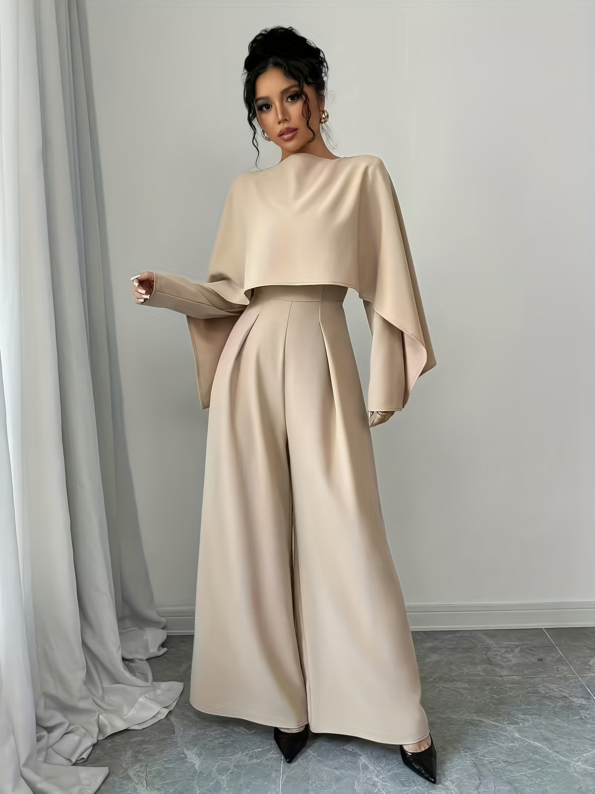 Women's Fashionable and Elegant Solid-color Long-sleeve Jumpsuit for Commuting, Featuring a High-waist Design That Is Figure-flattering and, with Draping Fabric That Is Comfortable and Breathable