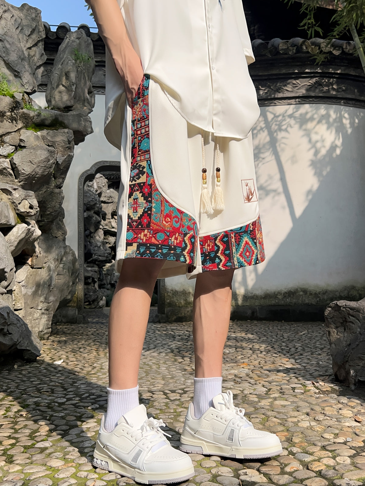 Men's /Mediterranean Style Short Pants - Ethnic /Egyptian/Indian Motifs with Multicolor Paisley, Loose-Fit Knee-Length Casual Trousers, Hand Washable Cultural Dress for Festivals & Daily Wear