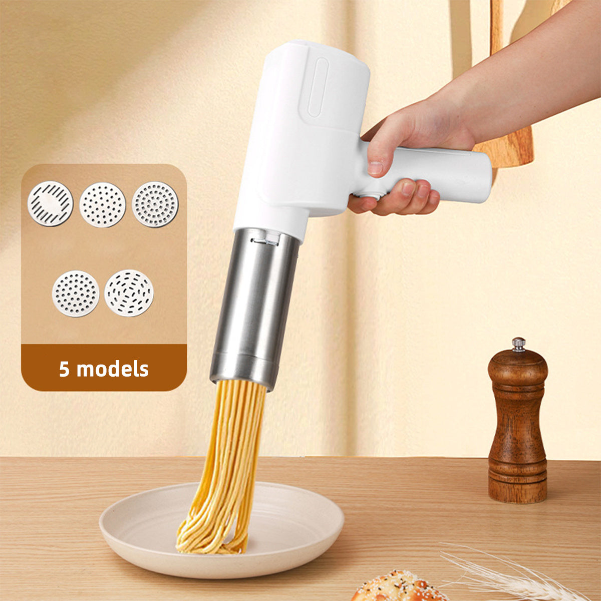 Electric Pasta Maker, Pasta Press Machine, Hands-Free Pasta Maker, Compact Handheld Wireless Noodle Maker for Home Use, Multi-Functional for Five Pasta Shapes, Gift for Loved Ones, Colleagues, and Elders, Portable Appliance, Wireless Operation