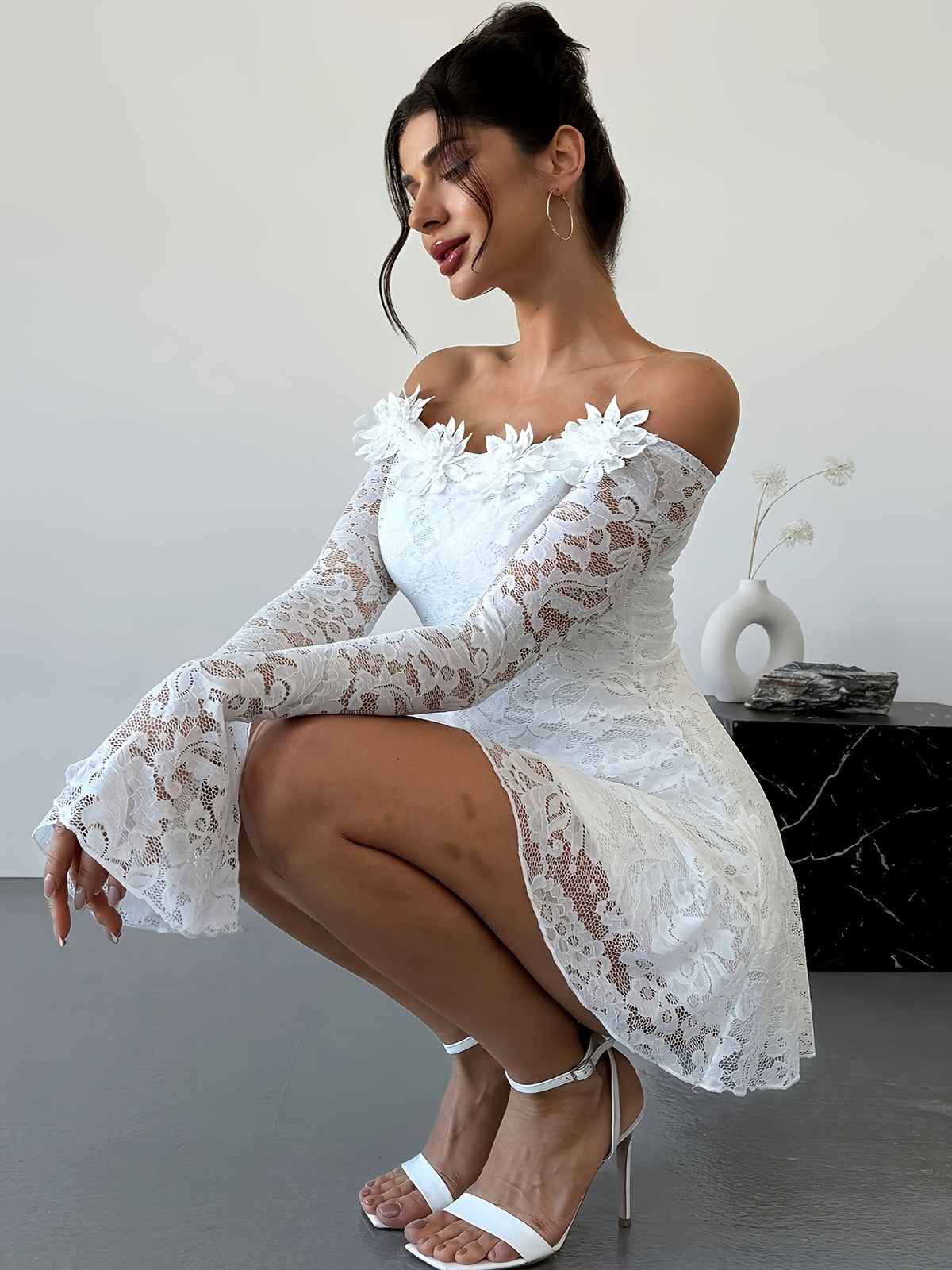 Elegant Off-Shoulder Lace Dress for Women - Long Sleeve, Ruched Detail, A-Line Knee-Length Spring/Summer Dress, White Floral Lace Design, Perfect for Casual or Formal Occasions, Lace Dress