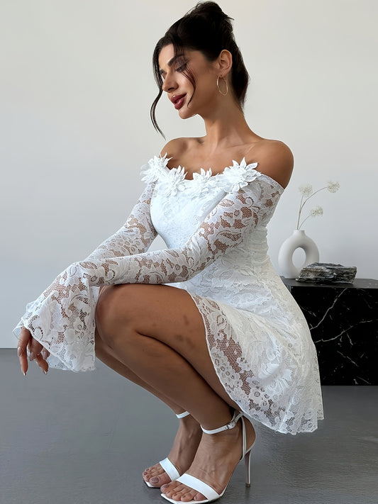 Elegant Off-Shoulder Lace Dress for Women - Long Sleeve, Ruched Detail, A-Line Knee-Length Spring/Summer Dress, White Floral Lace Design, Perfect for Casual or Formal Occasions, Lace Dress