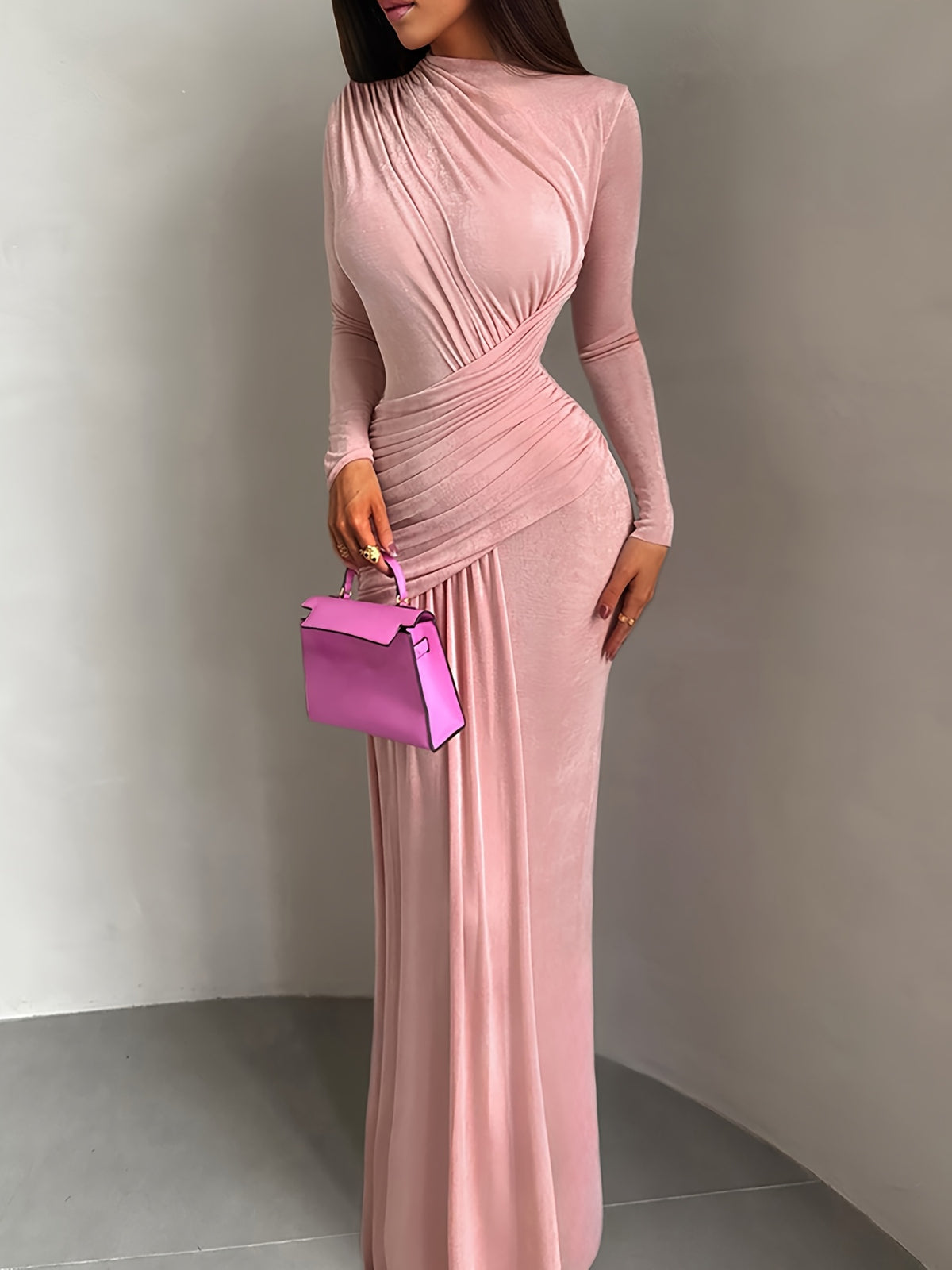 New Autumn/Winter Women's Fashion Elegant Solid Color Pleated Round Neck Slim-Fit Long Sleeve Dress