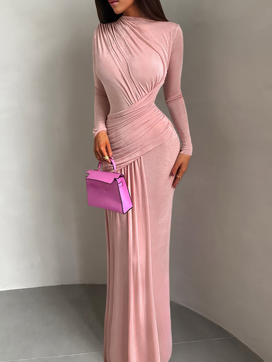 New Autumn/Winter Women's Fashion Elegant Solid Color Pleated Round Neck Slim-Fit Long Sleeve Dress