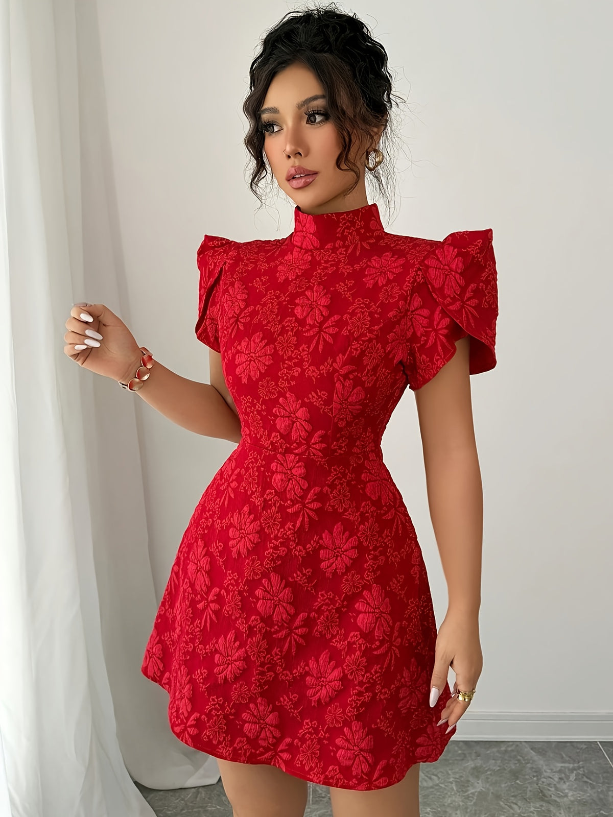 Women's Elegant Formal Party dress - High Neck flared hem, Non-Stretchy fabric for Weddings, Business Events, Evening Outfits - Year-Round Party Attire, Wedding Guest Attire, Nonstretch Fabric