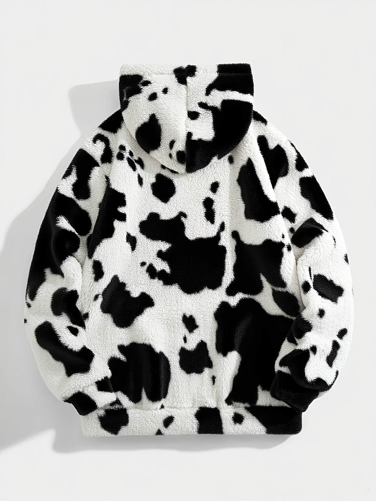 1pc Men'S Plush Hooded Sweatshirt - Soft Warm Winter Pullover with Brown & Cow Print, Cozy Casual Sweater for Fall/Winter, Long Sleeve Hooded Sweater with Pockets, Winter Sweatshirt, Fall Clothing, Color Block Design, Comfortable Fit, Fall Fashion