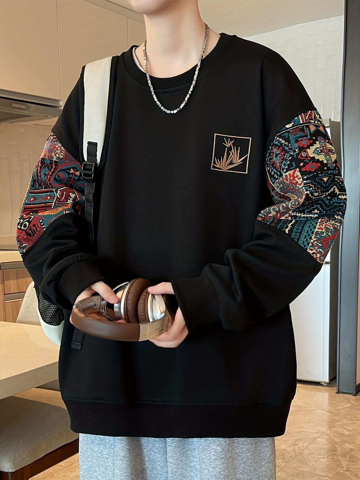 Men'S Sweatshirt, 1pc Fashion Casual Trendy Ethnic Style Patchwork Embroidery Round Neck Men'S Sweatshirt, Loose Fit, Suitable for Daily Casual Wear