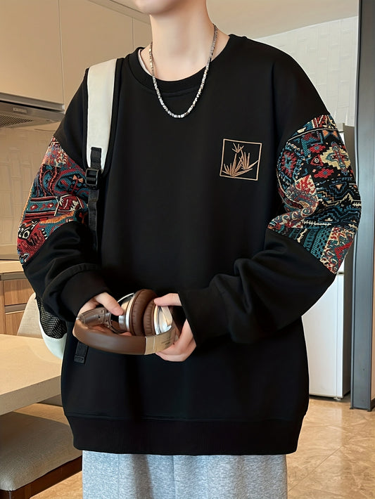 Men'S Sweatshirt, 1pc Fashion Casual Trendy Ethnic Style Patchwork Embroidery Round Neck Men'S Sweatshirt, Loose Fit, Suitable for Daily Casual Wear