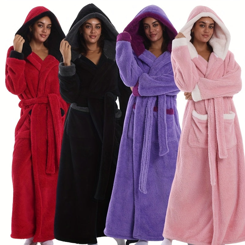 1pc Extra Long Robe - Thick Winter Robe with Hood, Plush Fleece-like Texture, Elegant Home & Travel Robe for Women/Men, RedPurple/Pink/ - Cozy, Wash Cloths