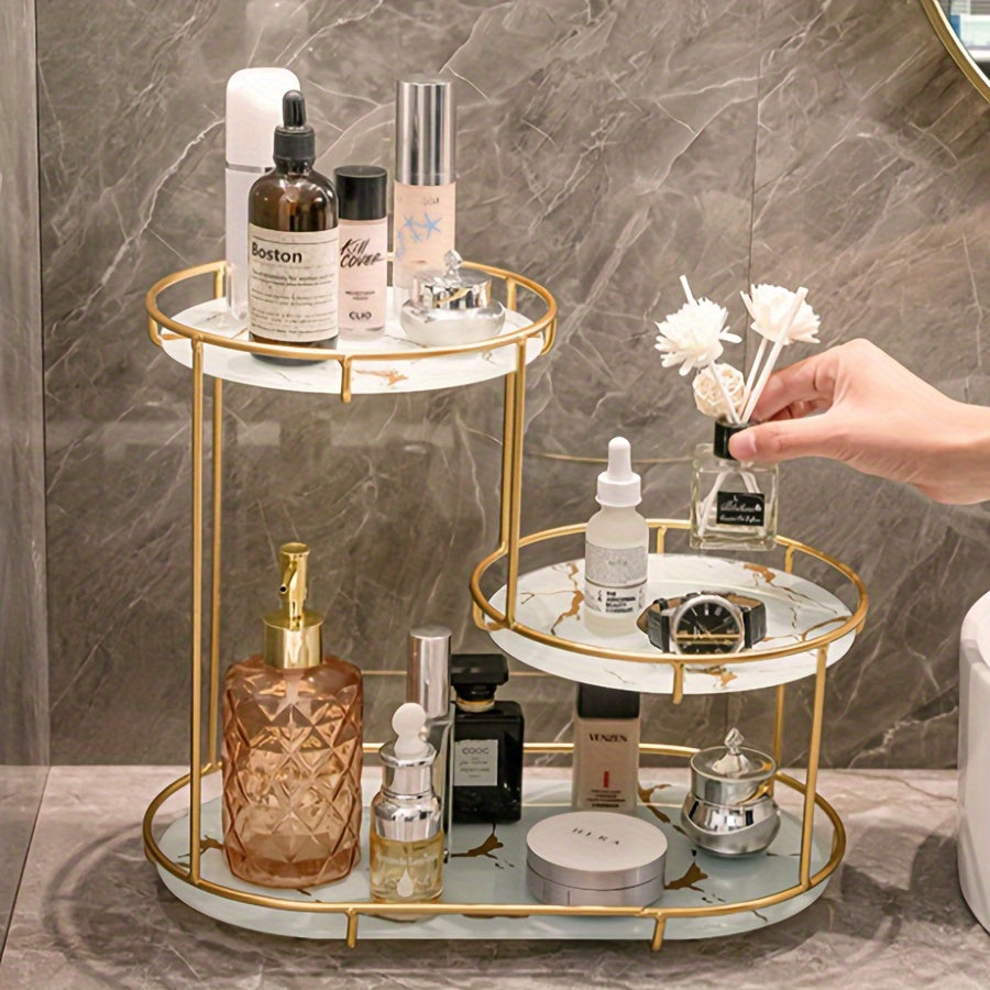 2-Tier Golden Stainless Steel Bathroom Countertop Organizer with Marble Shelf - Freestanding Cosmetic Storage Rack for Makeup, Skincare & Toiletries, 68.58cm Height, 3.2 Cu Ft Capacity, No Assembly Required, Modern Bathroom Organizer, Bathroom Organizers
