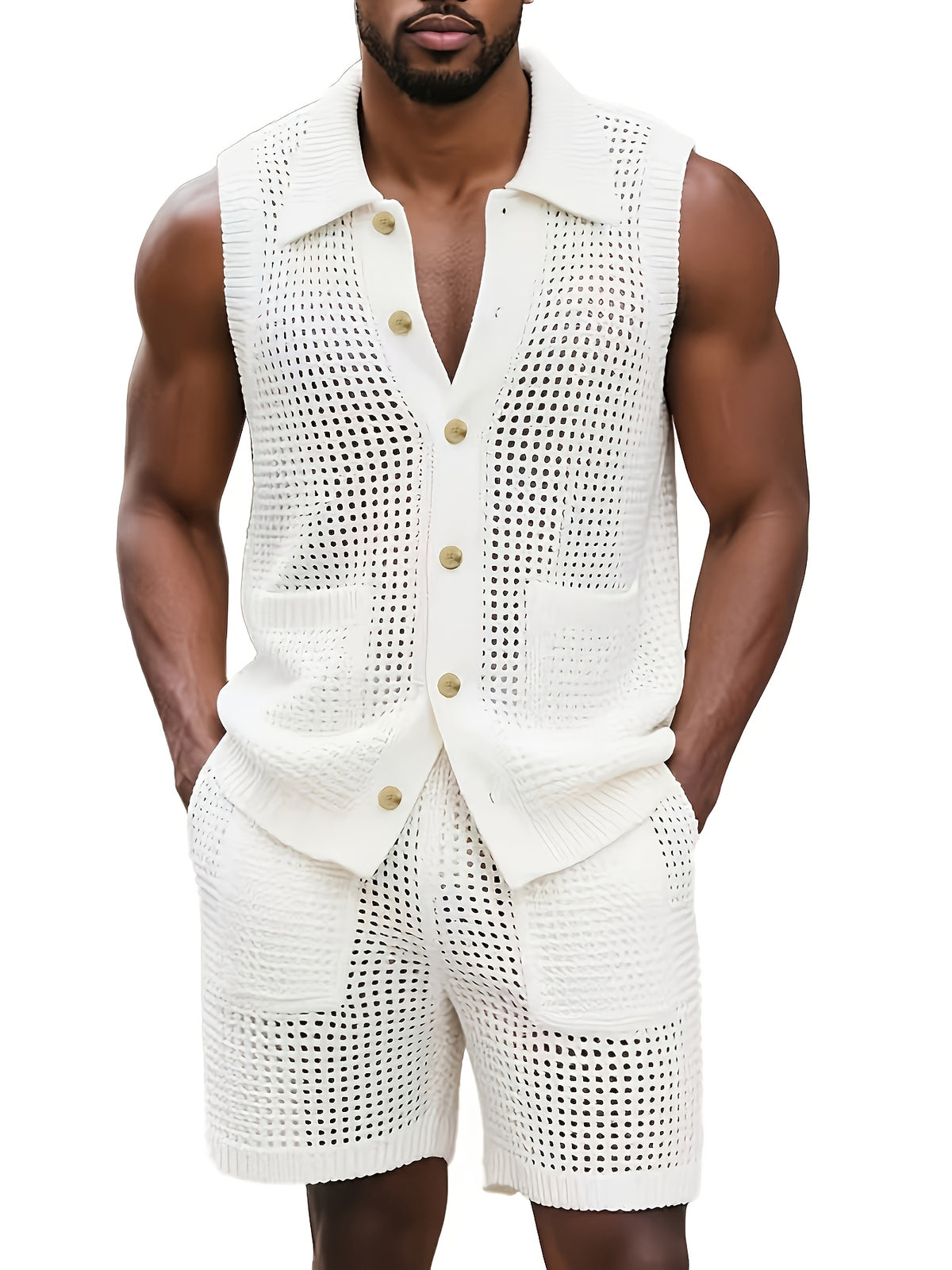 Men'S Casual Suit, 2pcs Lace Knit Set, Breathable, Sleeveless Lapel Cardigan Top with Button Closure, Comfortable Pants with Pockets, Suitable for Summer Wear And Vacation Style, Can Be Worn Separately Or Layered with T-Shirt for Daily Commute