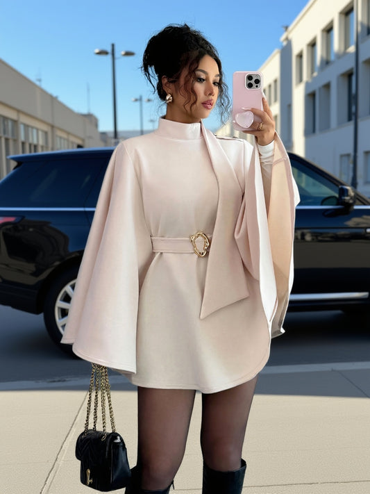 Elegant And Fashionable New Adult Women'S Solid Color Warm Stand-Up Collar Loose Batwing Sleeve Long-Sleeved Belted Waist Women'S Coat