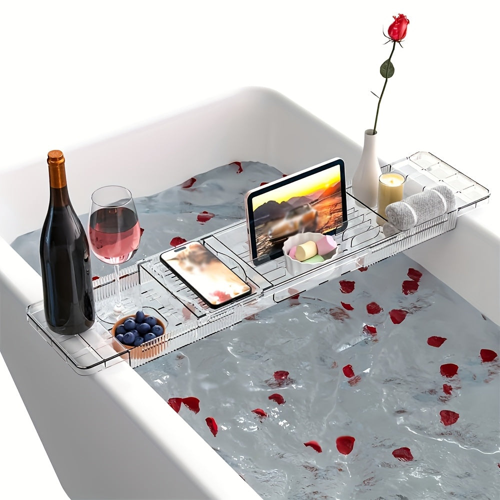 1pc Adjustable Bathtub Tray with Wine Glass Holder, Phone Stand, and Multiple Compartments - Durable Plastic Bath Caddy for Relaxing Spa Experience, Spa Relaxation Tray | Modern Bathtub Caddy | Waterproof Bathtub Tray, Bathtub Accessories