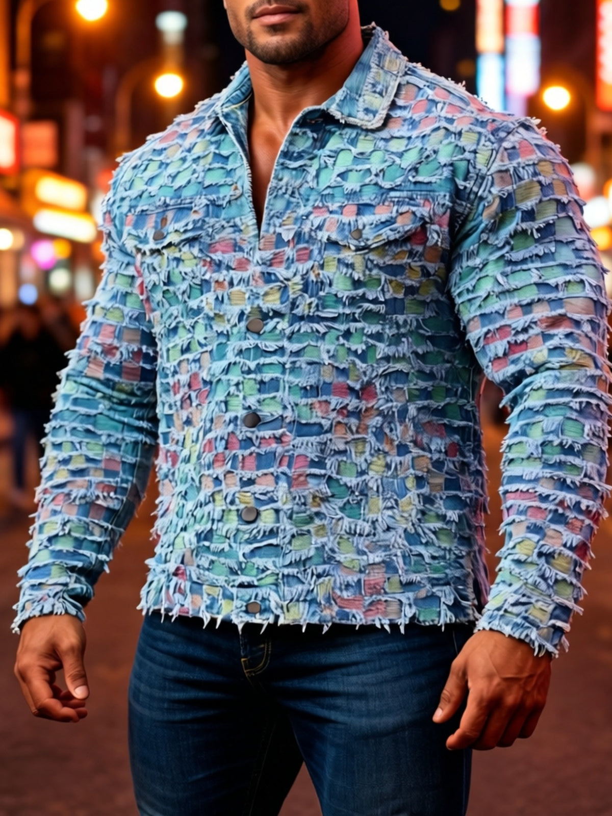 Men's Trendy Plaid Fringe Color-block Denim Jacket
