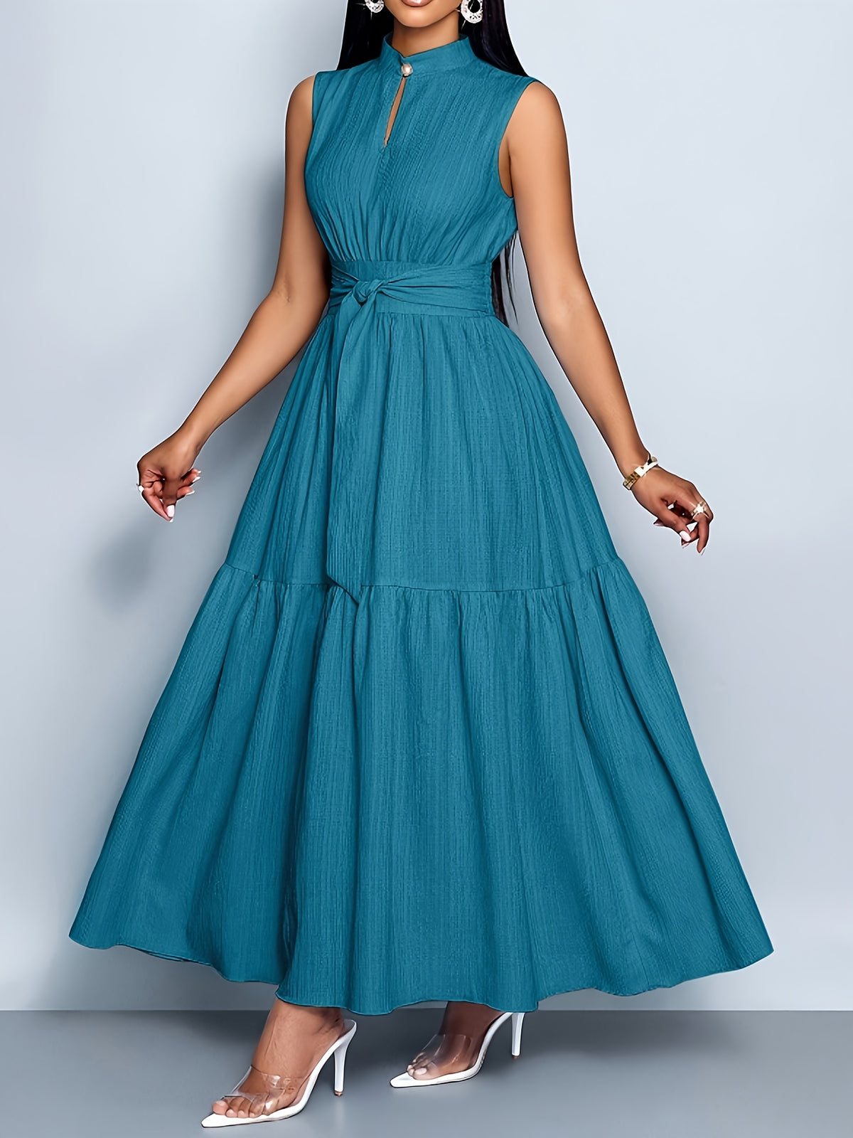 Stand-Up Collar Hollow Sleeveless Waist-Cinching Dress, Elegant And Women'S Summer Casual Dress