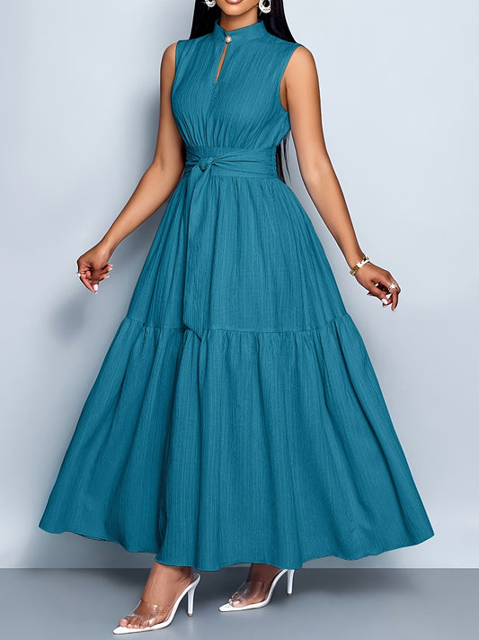 Stand-Up Collar Hollow Sleeveless Waist-Cinching Dress, Elegant And Women'S Summer Casual Dress
