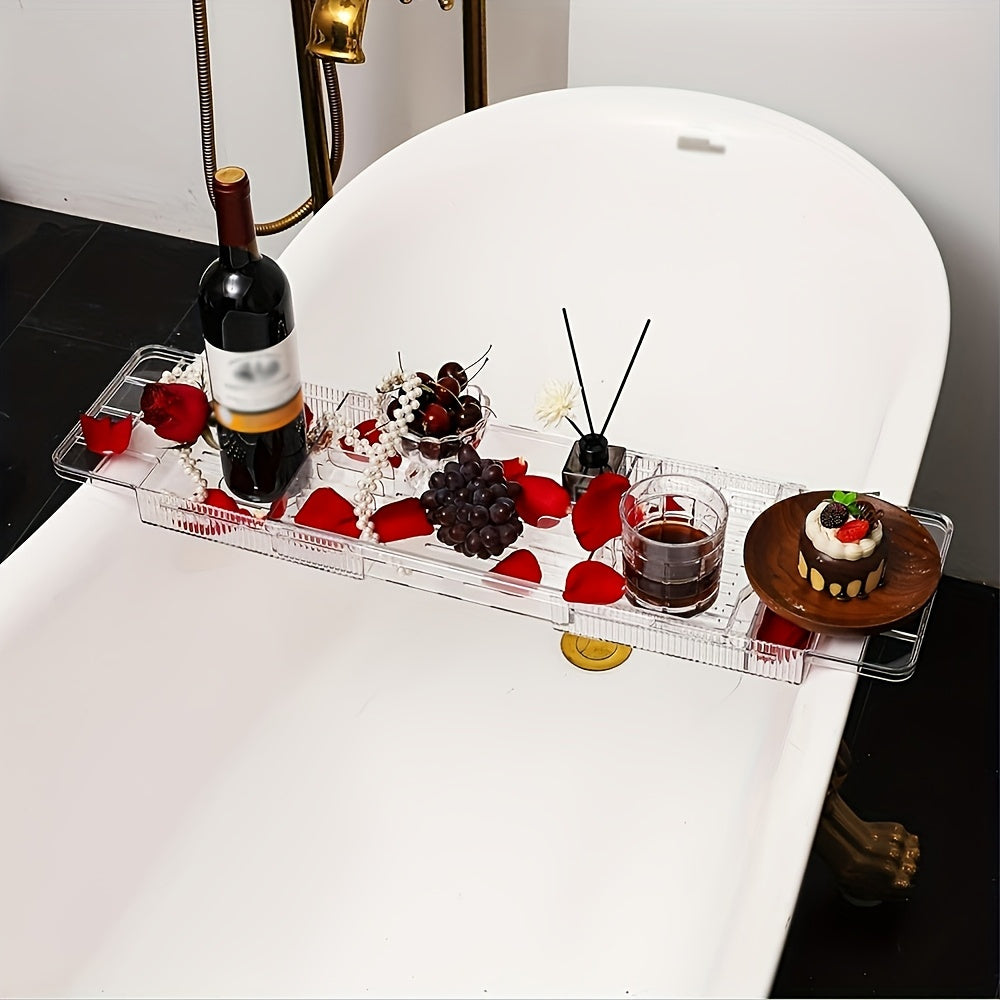 1pc Adjustable Bathtub Tray with Wine Glass Holder, Phone Stand, and Multiple Compartments - Durable Plastic Bath Caddy for Relaxing Spa Experience, Spa Relaxation Tray | Modern Bathtub Caddy | Waterproof Bathtub Tray, Bathtub Accessories
