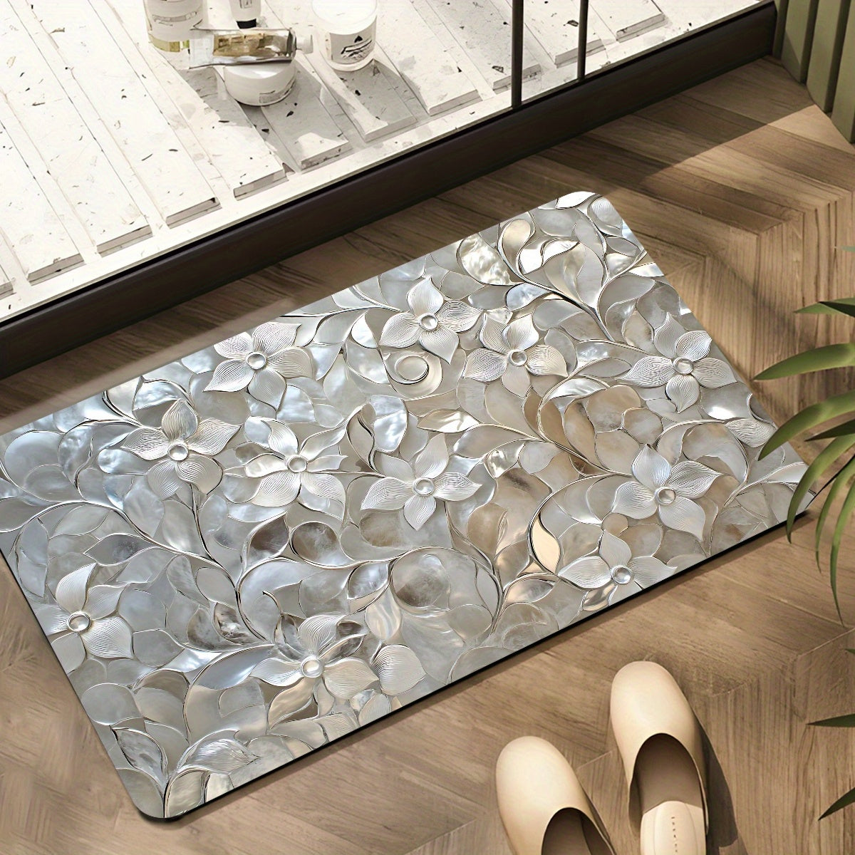 1pc - Luxurious Silvery Metal Flower Decorative Diatomite Bath Mat, Non-Slip, Quick-Dry Rug, Suitable for Entryway, Bathroom, Kitchen, Living Room, Coffee Shop, Bar, Garden, Ideal Gift, Personal Care Essential