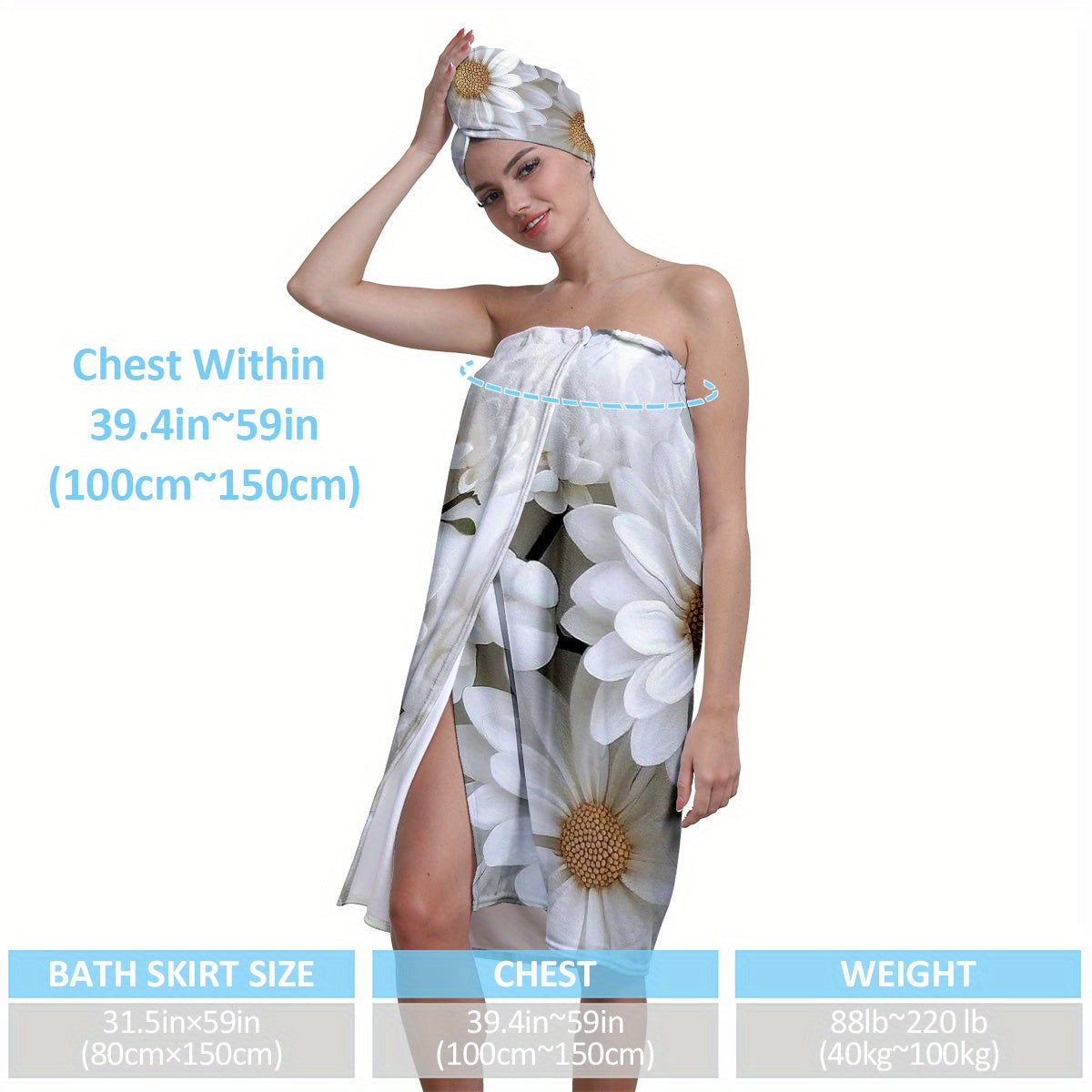 2pcs Modern Realistic Daisy Pattern, Wearable Bath Towel Absorbent Bathrobe Long Bath Towel, Bathroom Supplies, Female Sauna Skirt Bathroom Pendant Decoration, Bath Skirt Shower Cap Set, Soft And Delicate Absorbent