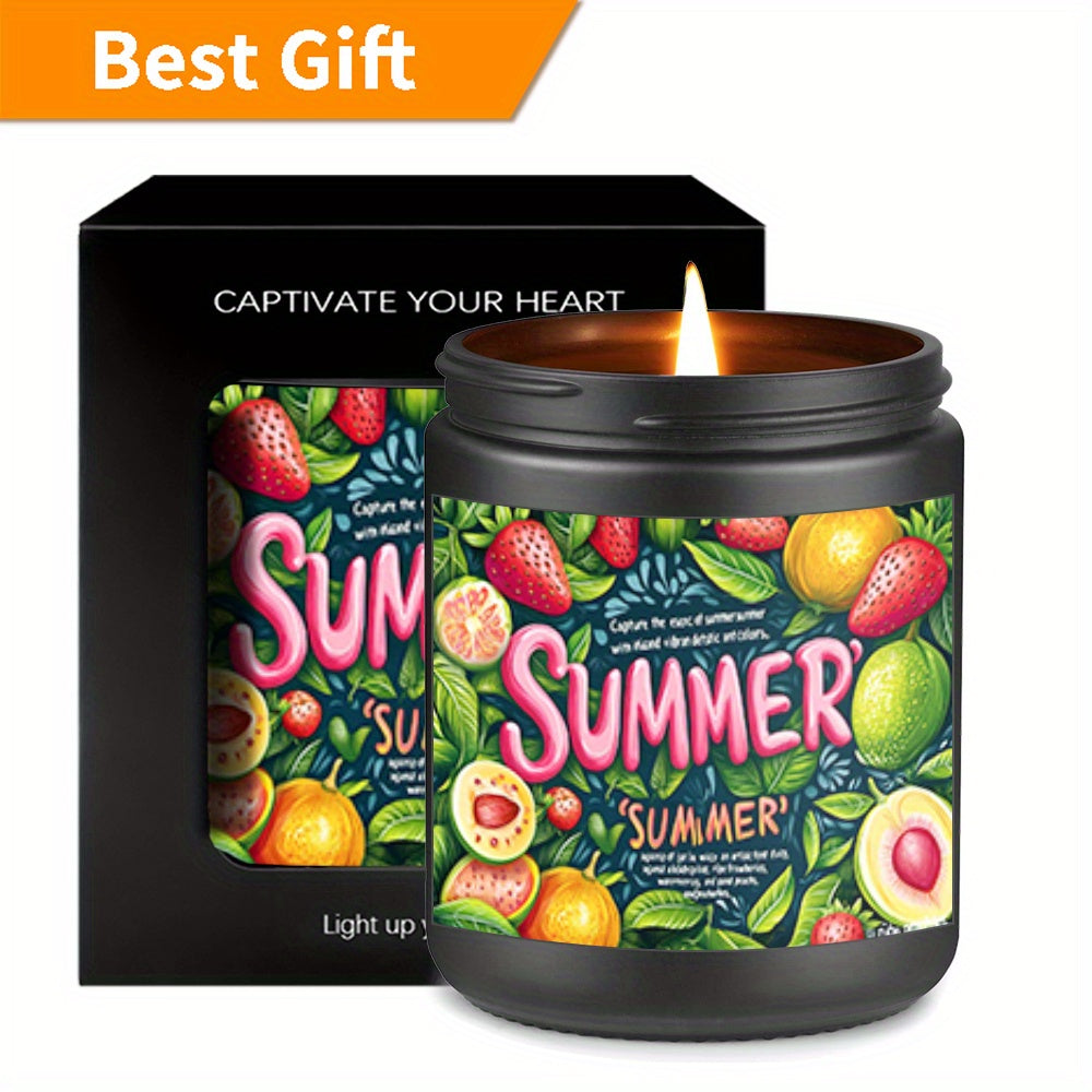 1pc Summer Vibes Fruit Scented Soy Wax Candle - Artistic Fonts Design with Strawberry, Peach, Mango & Kiwi, Essential Oil-Free Fragrance, 8-12 Hour Burn Time, Black or White Container, Indoor Home Decor Gift for Women, Men, Teens, Friends, Family (Birthd