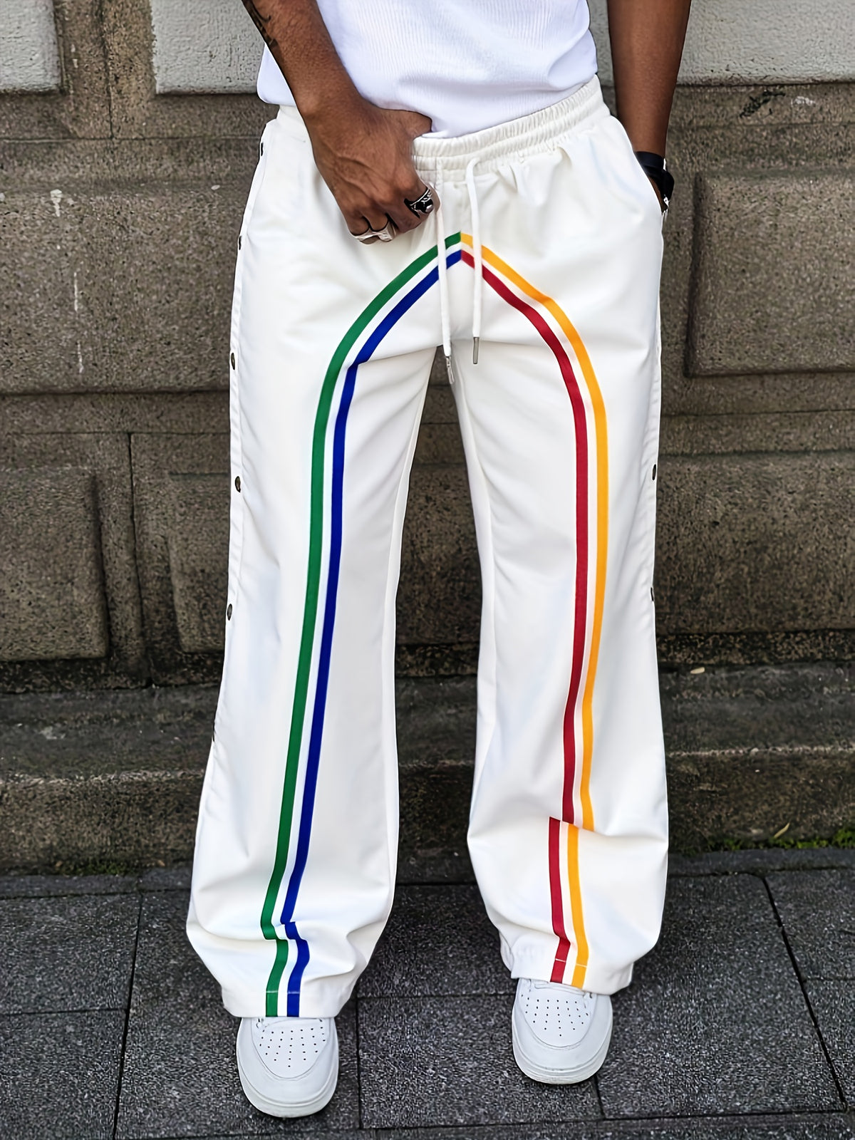 Men'S Easy Solid Color Spliced Front Lace-Up Casual Straight Trousers, Rainbow Stripes, Side Slits Design White Pants, Hip-Hop Loose Pants, for Husband, Boyfriend Gift Retro Men'S Pants Men'S Sports Pants Streetwear Pants