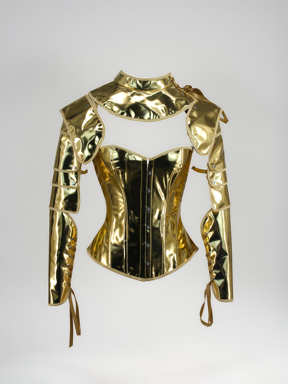 Cyberpunk Style Golden PU Robe Cape and Slim Fit CORSET, Iron Knight Costume Set