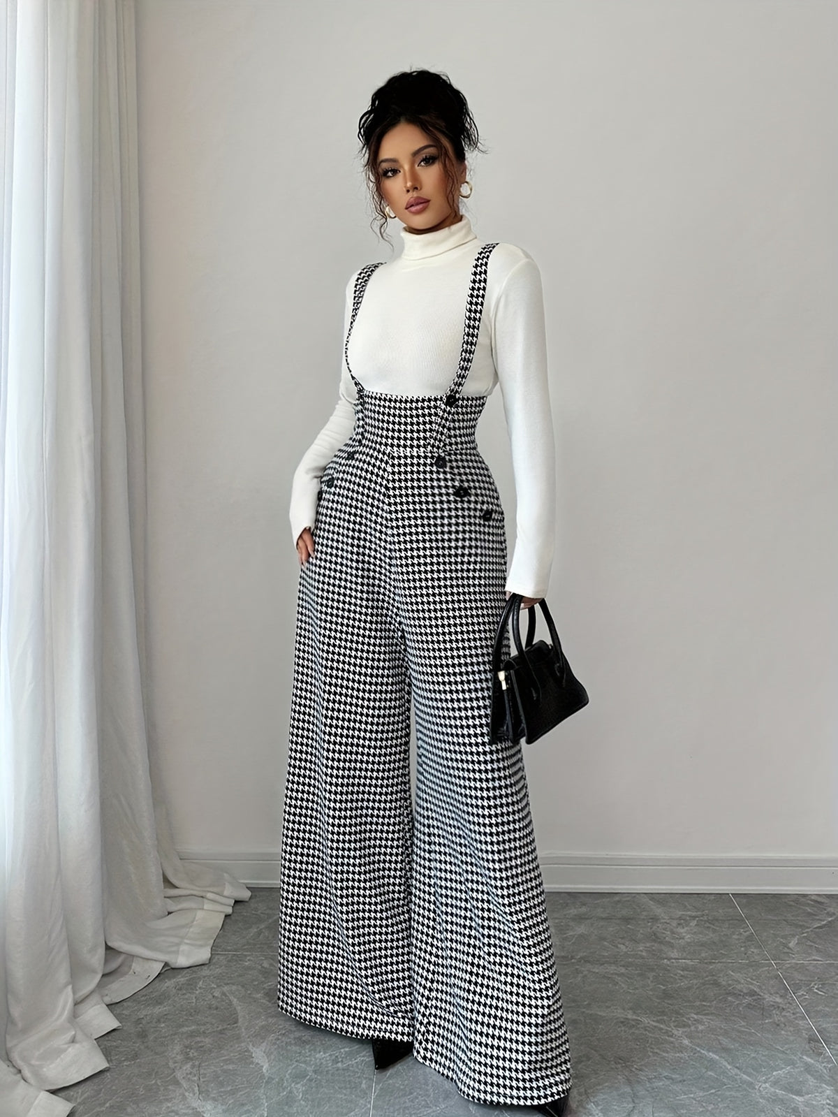Elegant Women's Houndstooth Print Spaghetti Strap Wide-Leg Jumpsuit