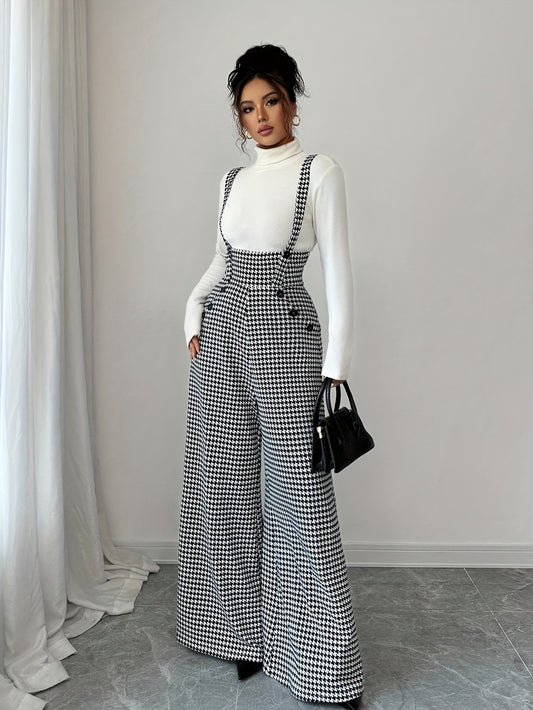 Elegant Women's Houndstooth Print Spaghetti Strap Wide-Leg Jumpsuit