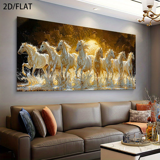 2D Flat, Large Modern Canvas Wall Art - Galloping White Horses in Golden Water, Dynamic Equestrian Painting for Living Room, Bedroom, Office Decor - Unframed Poster Print with Warm Sunrise/Sunset Tones - Interior Decoration Gift for Horse Lovers, Horse D