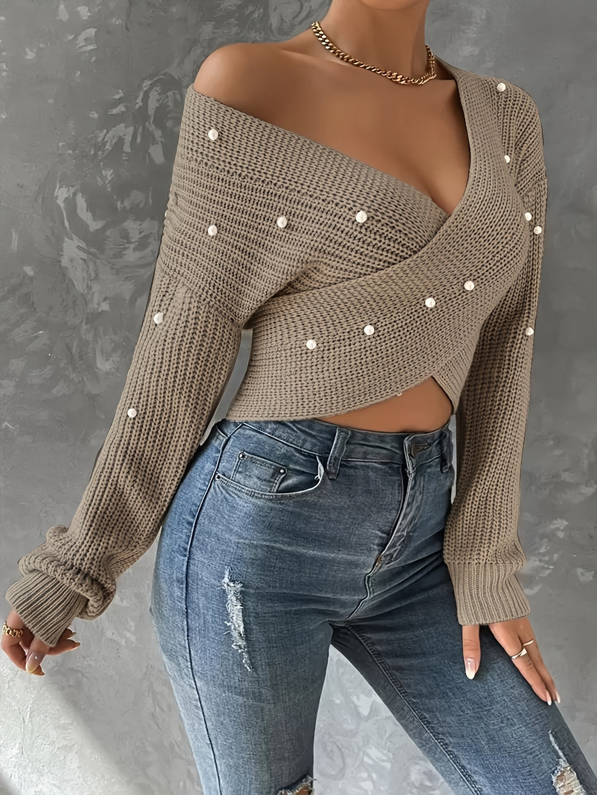 Women's Elegant Cross Neck Long Sleeve Sweater with Pearl Accents - Soft Beige Regular Fit Pullover, All-Season Versatile Casual & Formal Tops, Sweater, Formal Attire Top, Relaxed Fit Top, Durable Fabric Top