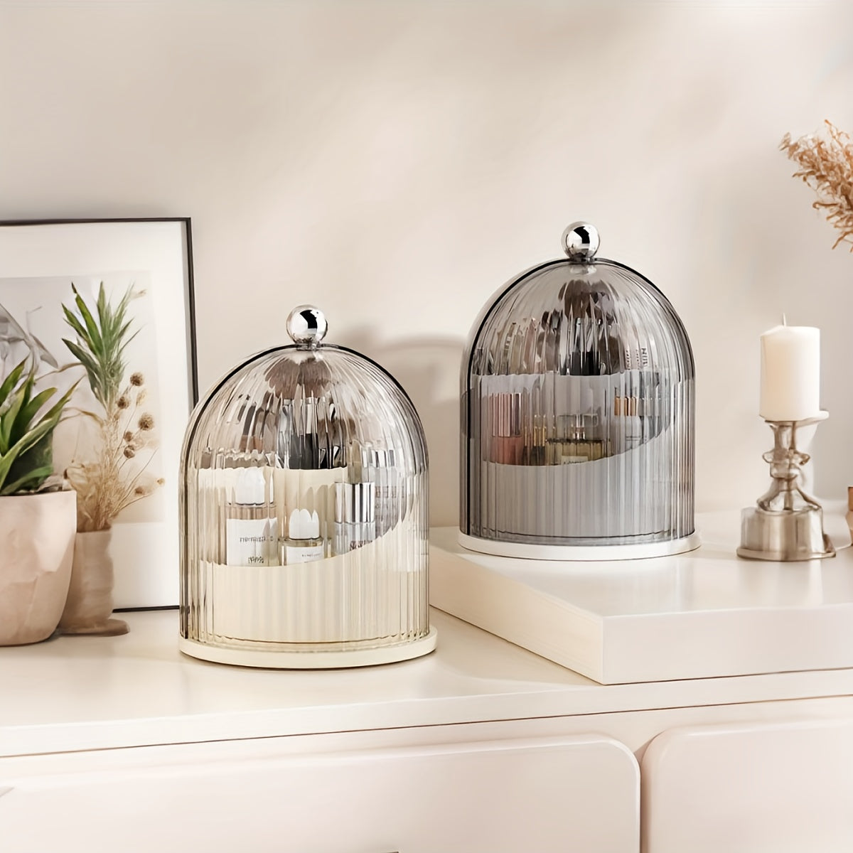 1pc 360° rotating cosmetic storage box with dustproof transparent lid - Multiple compartment cosmetic storage box for Light Beige care, perfume, brush and lipstick - Elegant desktop storage box for dressing table or bathroom countertop, makeup vanity., C