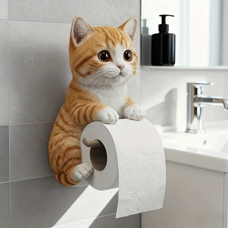 1pc Cute Cat Toilet Paper Holder - Bathroom Decor with Expressive Eyes, Self-Adhesive No Tools Needed, Space-Saving Toilet Paper Dispenser for Bathroom, Kitchen, Office - Perfect Gift for Cat Lovers, Christmas, Halloween, Housewarming - Durable Resi