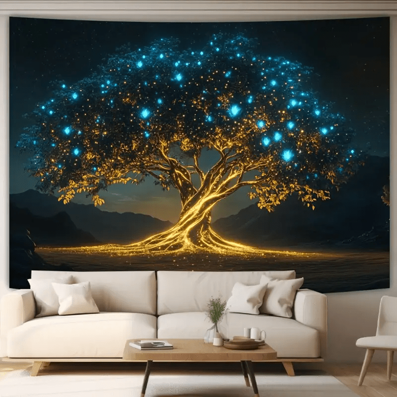 1pc Tree of Life Tapestry Wall Hanging - Glowing Night Sky Golden & Blue Magical Forest Design with Glowing, Horizontal Large Tree of Life Wall Art for Living Room, Bedroom, Indoor/Outdoor Decor - No Electricity Needed, Durable Polyester Fabric, Modern H