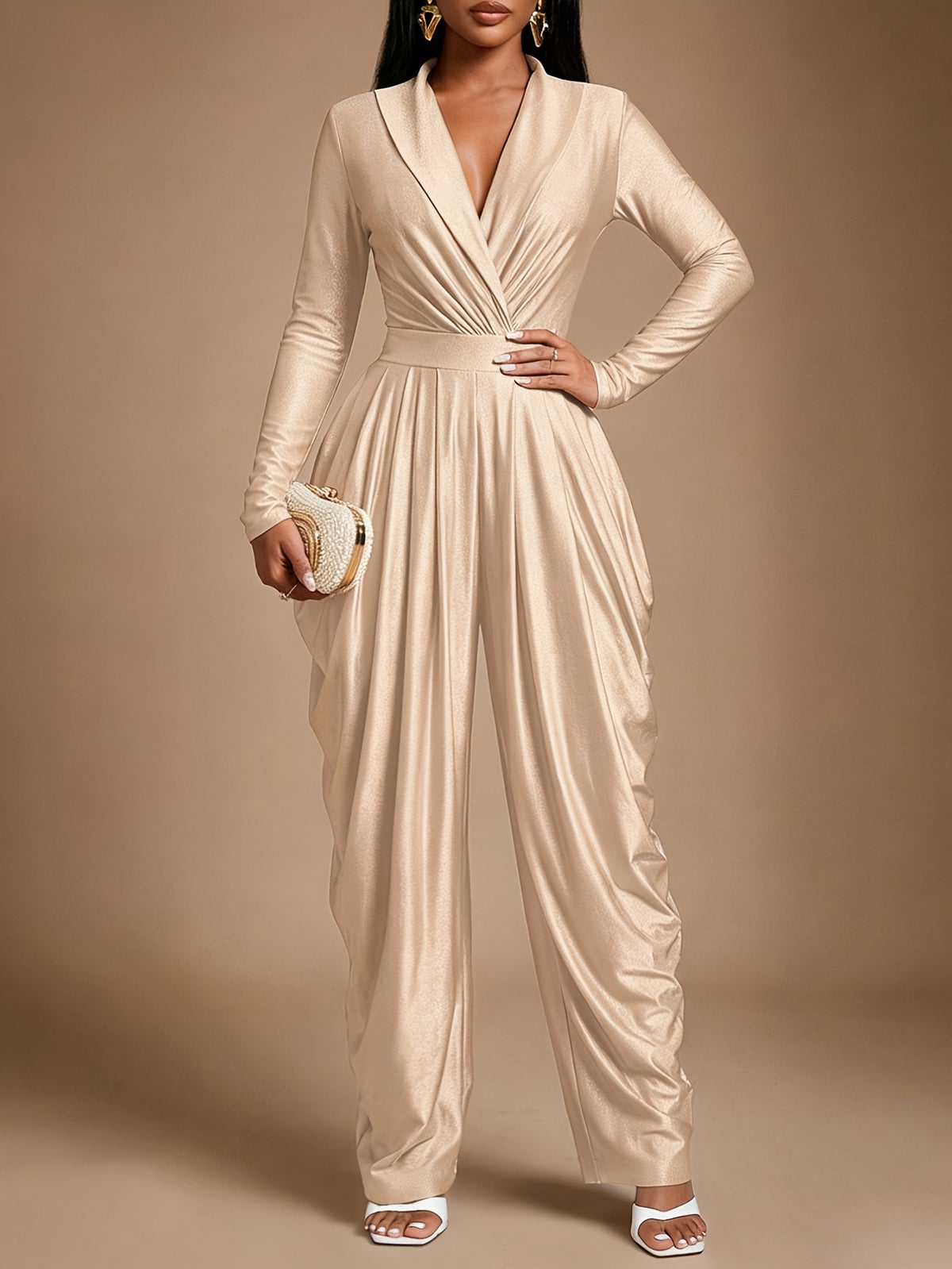 High-Waist Pleated Wide-Leg Jumpsuit - Slim-Fit Pleated Long-Sleeve Bodysuit with Deep V-Neck Design - Women's Modern Evening Gown