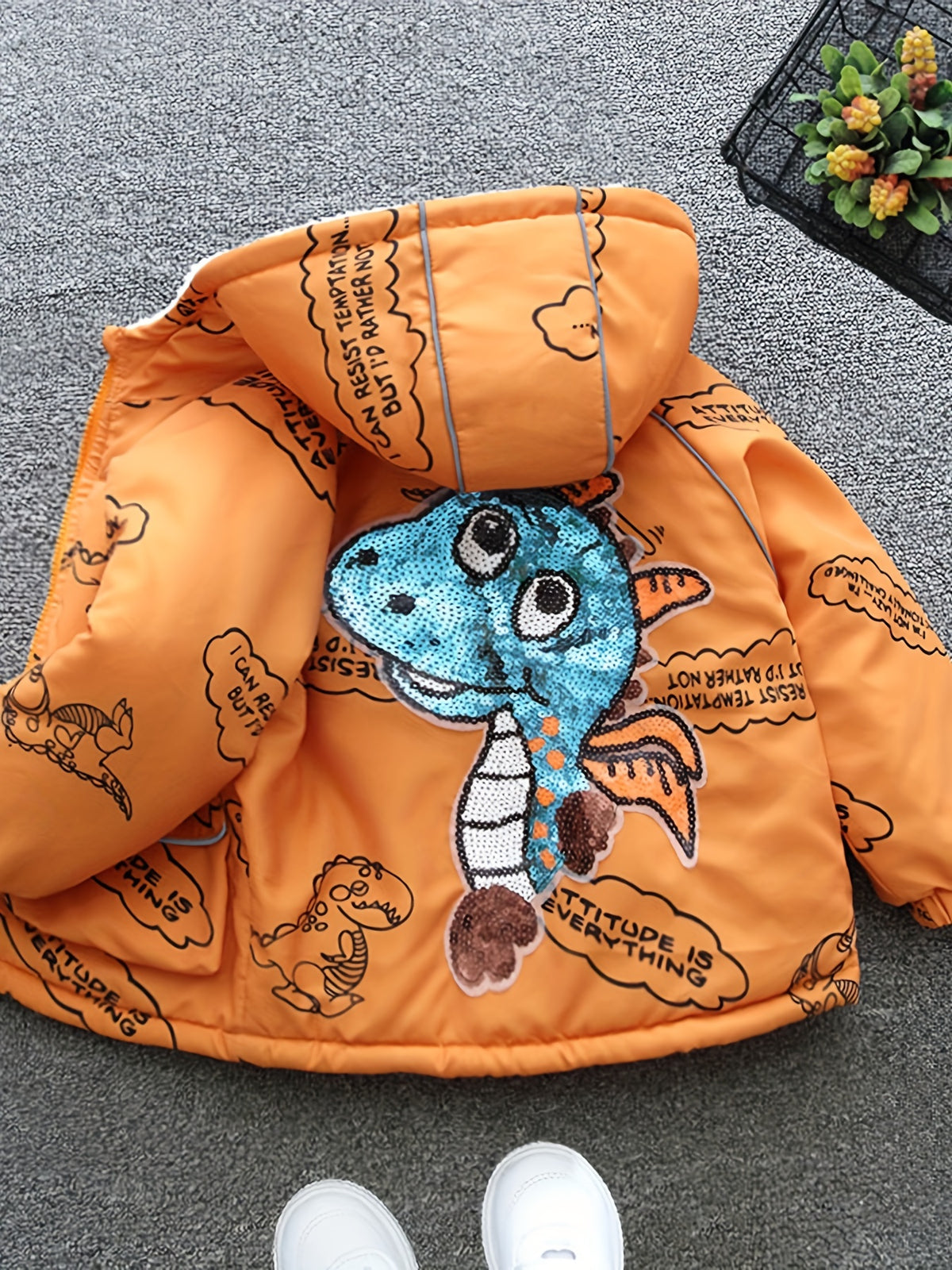 Boys Cartoon Dinosaur Full Print Fleece Lining Hooded Jacket, Long Sleeve Zip Up Warm Jacket, Boy's Clothes For Spring Fall Winter Outdoor