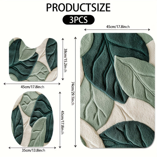 3pcs Green Leaf Pattern Bathroom Mat Set, Toilet Lid Cover, Toilet U-Shaped Mat, Flannel Material, Soft Surface, Mother'S Day Decoratio