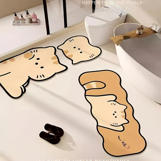 3pcs Cartoon Cute Pet Animal Bathroom Non-Slip Mat Set, Shower Room Absorbent Quick-Dry Three-Piece Bathroom Anti-Slip Floor Mat