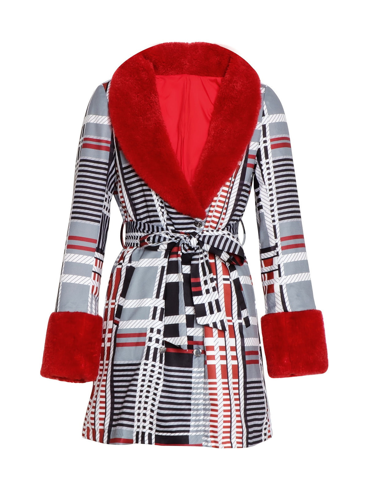 Women'S Belted Plaid Trench Coat with Faux Fur Collar, Polyester Spandex Blend, Casual Long Jacket, Woven Printed Pattern, for All-Season Outerwear
