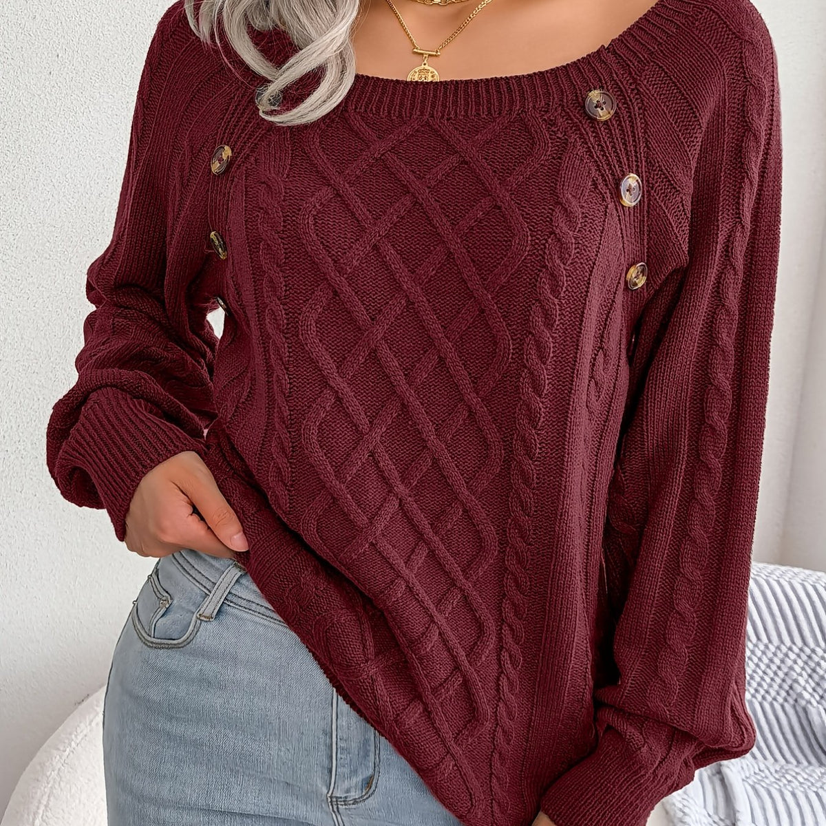 [Texture Lantern Sleeve Sweater] Round Neck Texture Lantern Sleeve Women's Sweater - Button Sweater