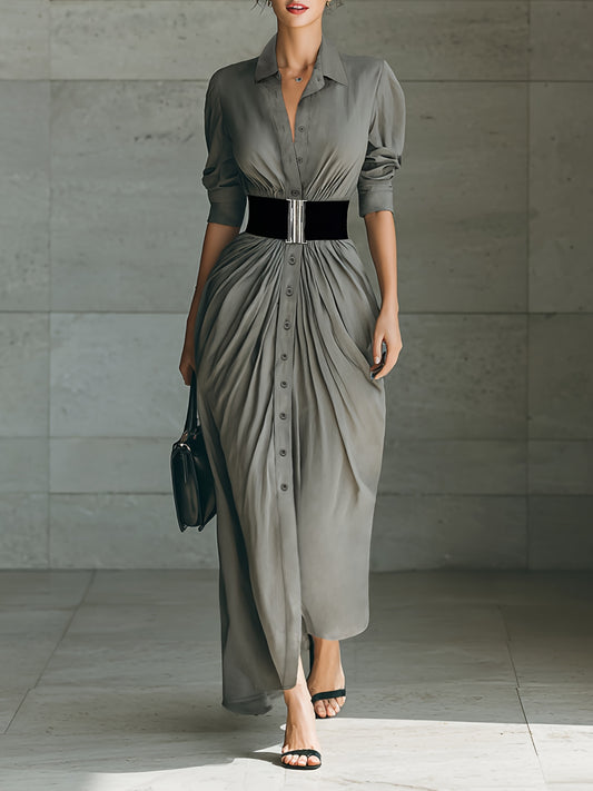 French-Style Elegant Light Gray Lapel Single-Breasted Belted Dress for Business Commuting, Suitable for Professional Women, Elegant Women's Dress ZLLZ